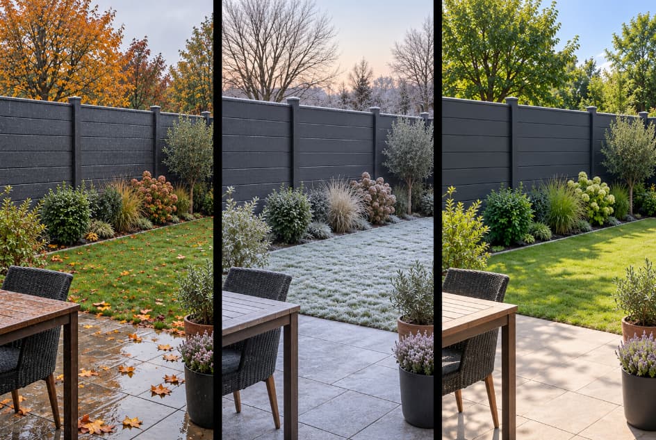Three-panel comparison of charcoal grey composite fencing in a garden during wet autumn weather, winter frost and summer sunshine.