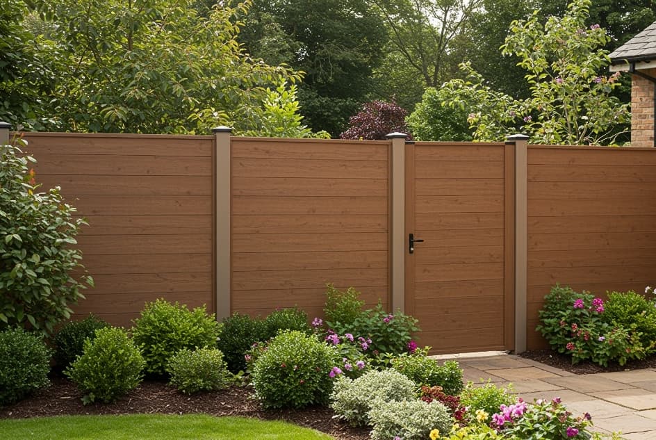 Modern composite garden fencing with matching gate and landscaped flower beds in a residential outdoor space