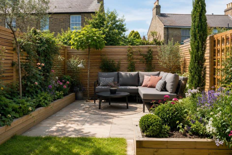Contemporary landscaped garden featuring timber slatted fencing, raised planting beds, modern outdoor seating and a paved patio, creating a stylish and private outdoor living space.