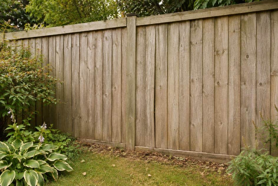 Weathered timber fence panels showing faded wood and slight warping