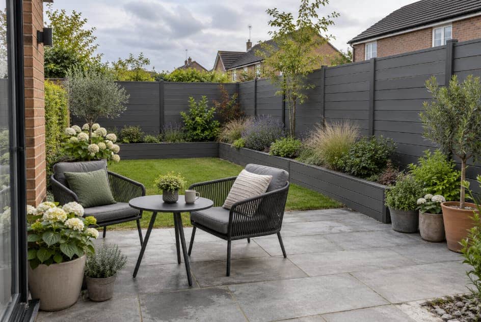 Compact garden with charcoal grey horizontal fencing, raised planting beds, a lawn and two chairs around a small patio table.